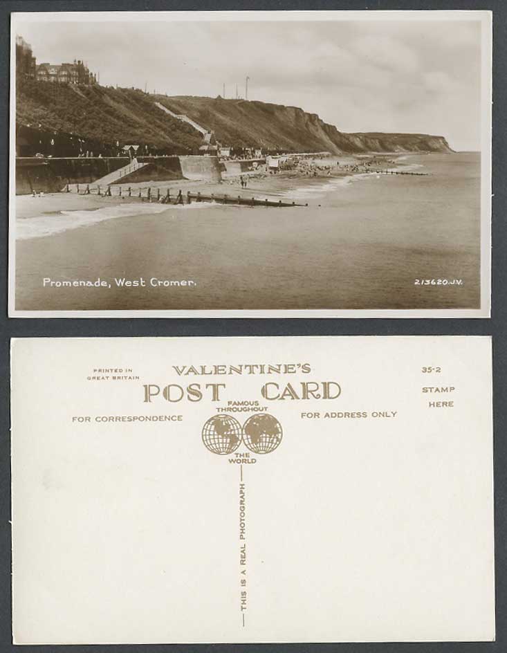 West Cromer Promenade Beach Sands Cliffs Seaside Norfolk Old Real Photo Postcard