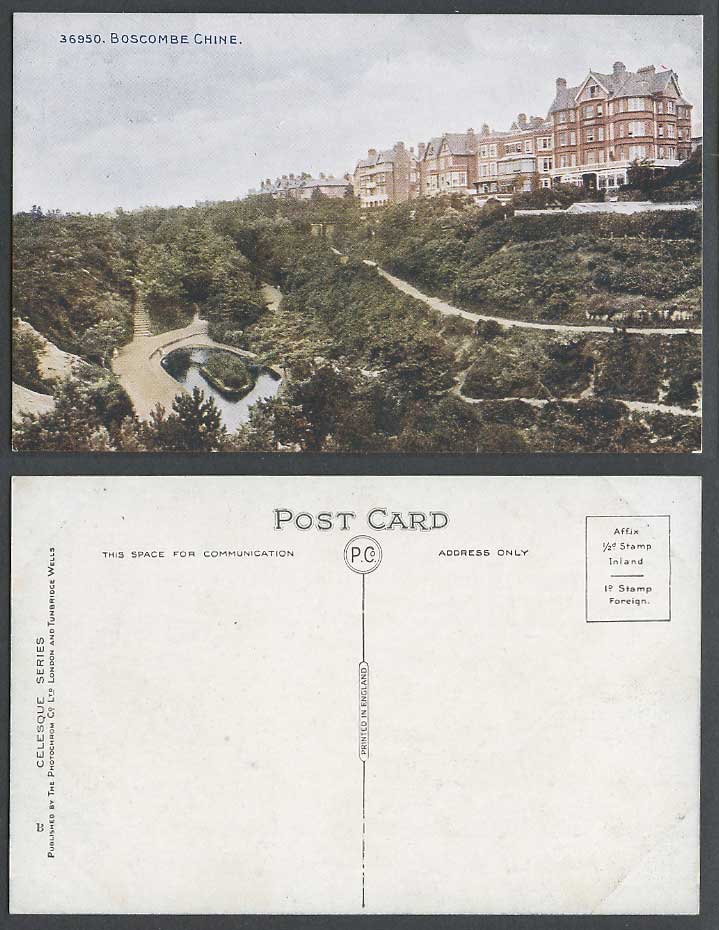 Boscombe Chine Dorset, Garden, Small Island in Lake Panorama Old Colour Postcard
