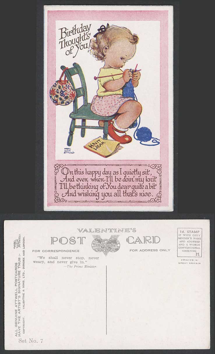 MABEL LUCIE ATTWELL Old Postcard Birthday Thoughts of You Knitting Knit Set No.7