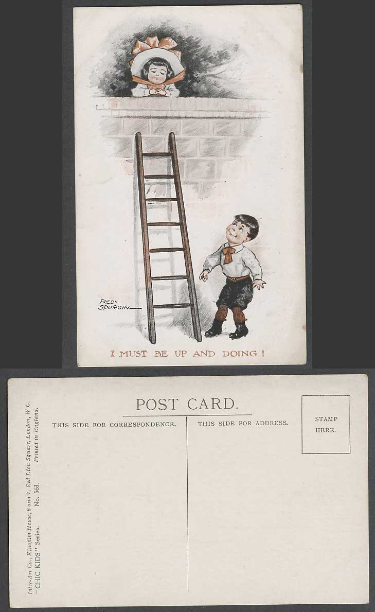 Fred Spurgin Comic I Must be Up and Doing! Girl on Wall, Ladder Boy Old Postcard