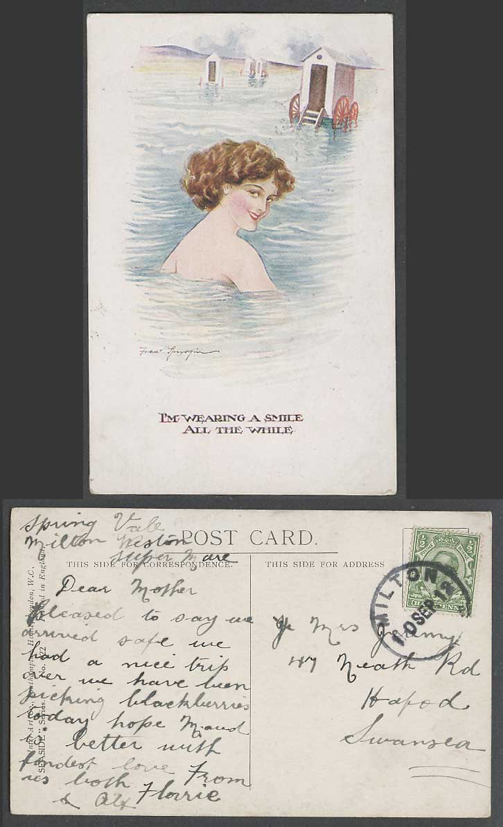 Fred Spurgin 1912 Old Postcard I'm Wearing a Smile All The While, A Bathing Lady