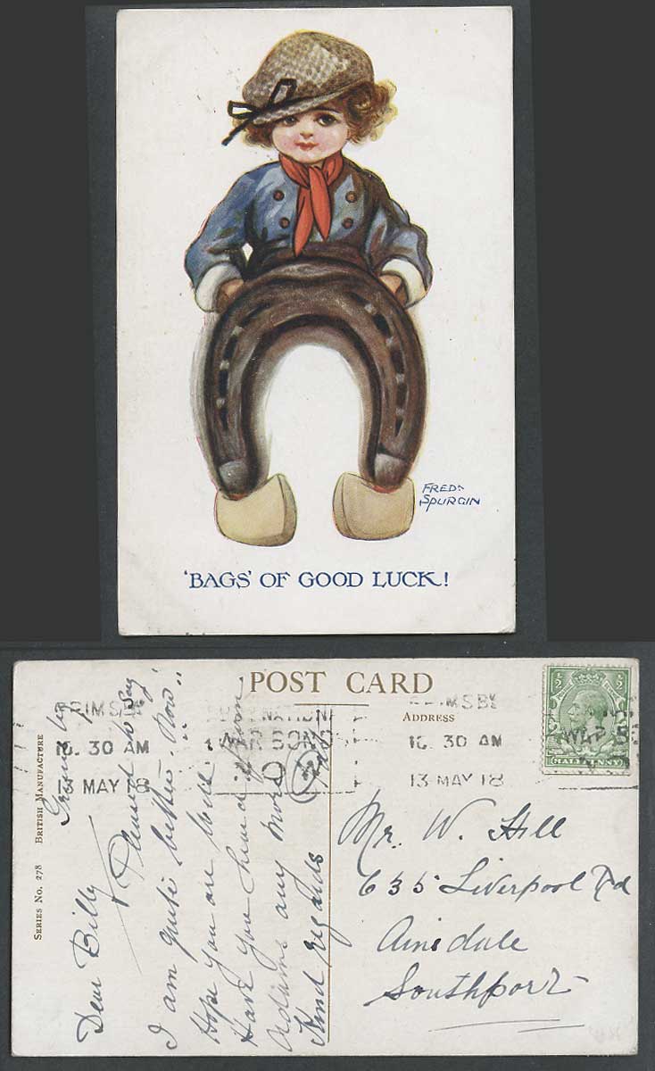 Fred Spurgin 1918 Old Postcard Bags of Good Luck! Little Girl Horseshoe Children