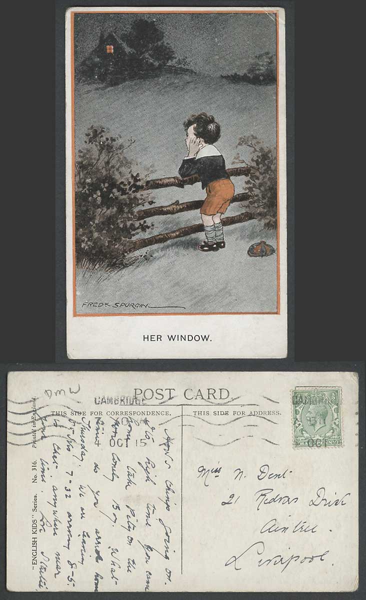 Fred Spurgin 1915 Old Postcard Her Window Little Boy Children English Kids Serie
