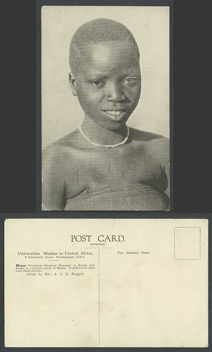 Zambia, Msoro, A Native Black Kunda Girl, Northern Rhodesia Diocese Old Postcard