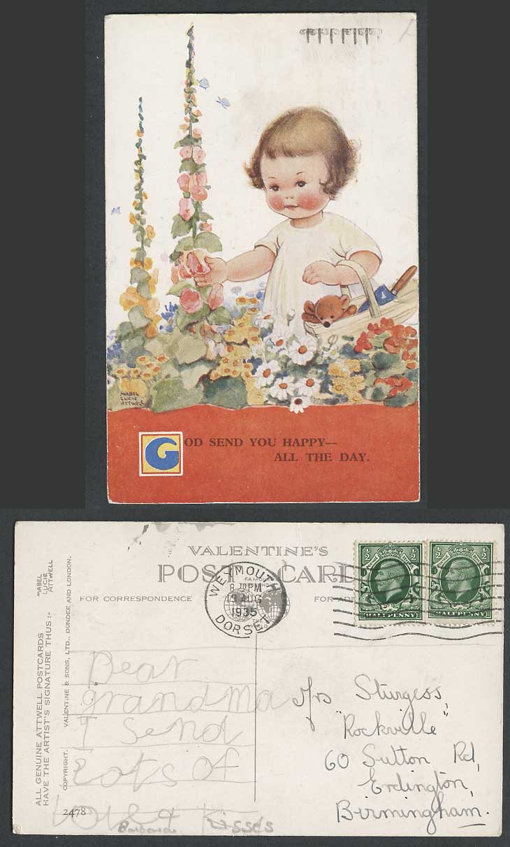 MABEL LUCIE ATTWELL 1935 Old Postcard God Send U Happy, Teddy Bear Birthday 2478