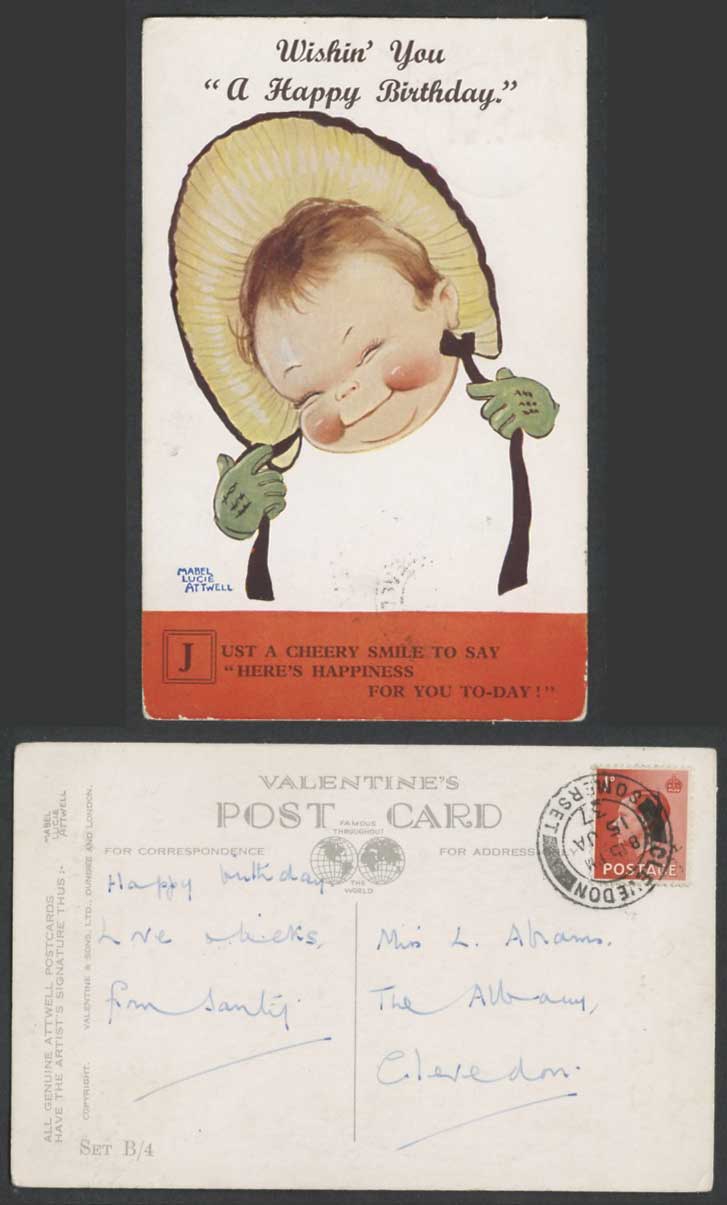 MABEL LUCIE ATTWELL 1937 Old Postcard Wish U Happy Birthday Cheery Smile Set B/4