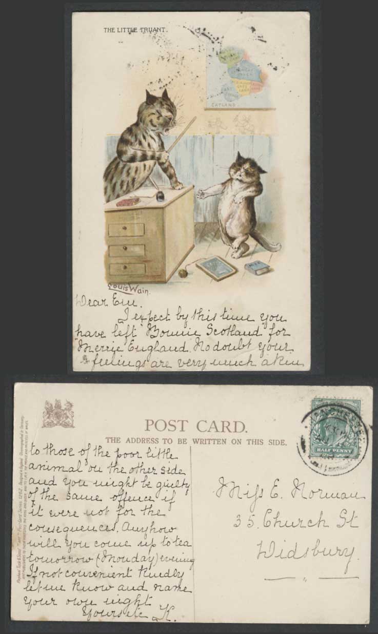 LOUIS WAIN Signed CATLAND MAP Little Truant Cane Punish 1903 Old Tuck's Postcard
