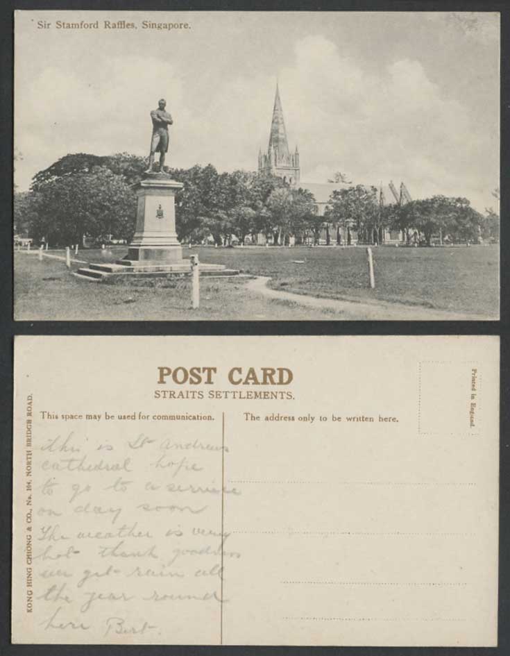 Singapore Old Postcard Sir Stamford Raffles Founder of This Town Statue Monument