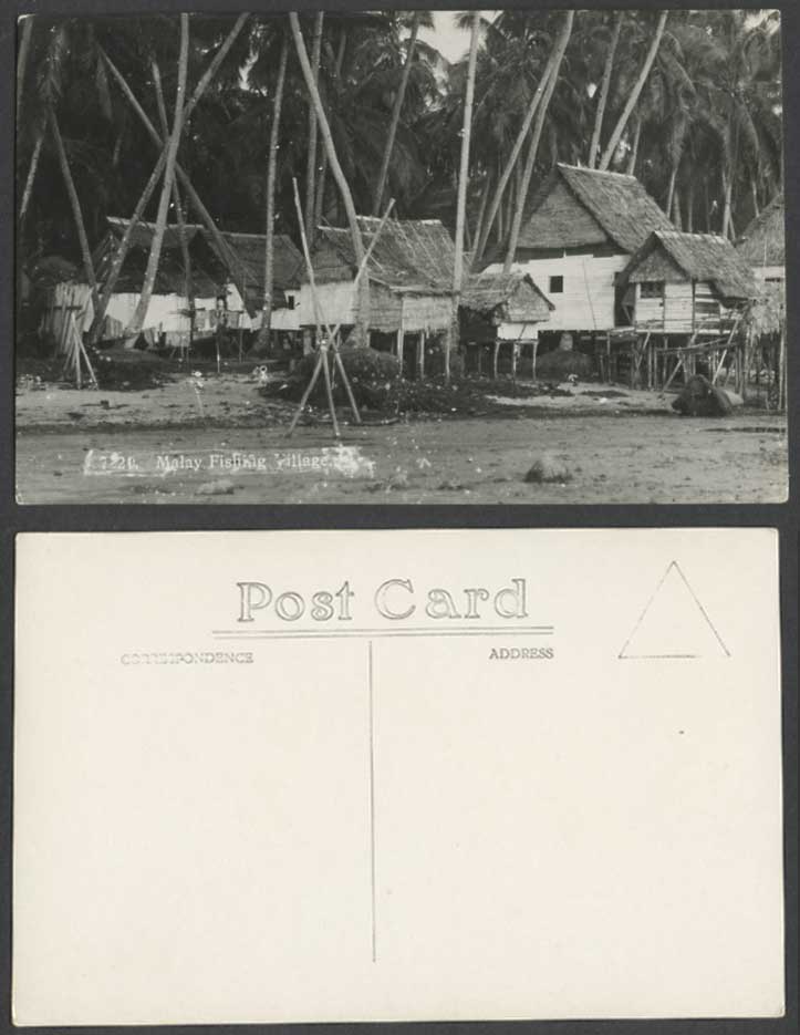 Pahang Malay Fishing Village Houses & Palm Trees, Malaya Old Real Photo Postcard