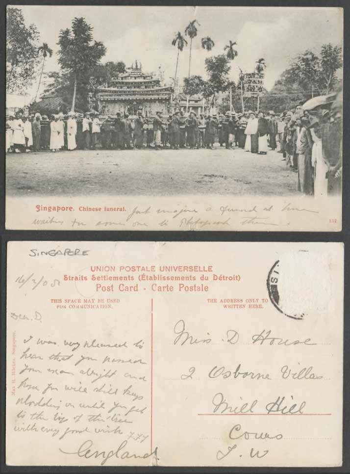 Singapore 1905 Old Postcard Chinese Funeral Street Procession Coolies Palm Trees