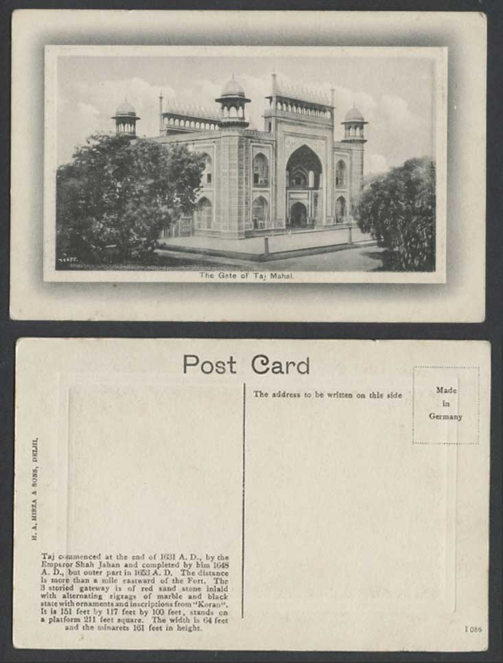 India Old Embossed Postcard The Gate of Taj Mahal 3-story Gateway Red Sand Stone