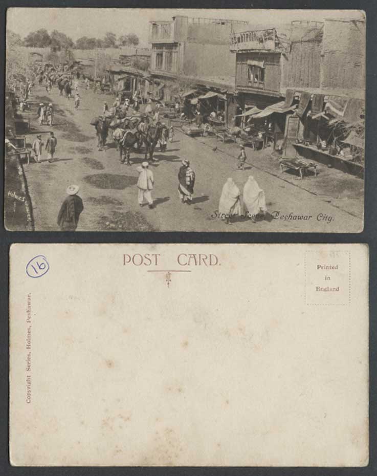Pakistan Old Postcard Native Street Scene Peshawar City Camels Camel Caravan Men