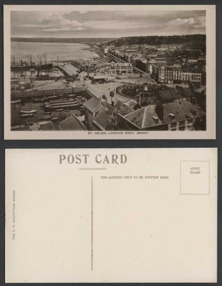 Jersey Old Postcard St. Helier Looking West Street Scene Harbour Ships Boats Gdn