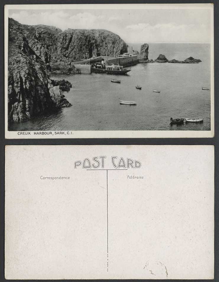 Sark Creux Harbour CI Ferry Boat Ship Boats Rocks Cliffs Pier Jetty Old Postcard