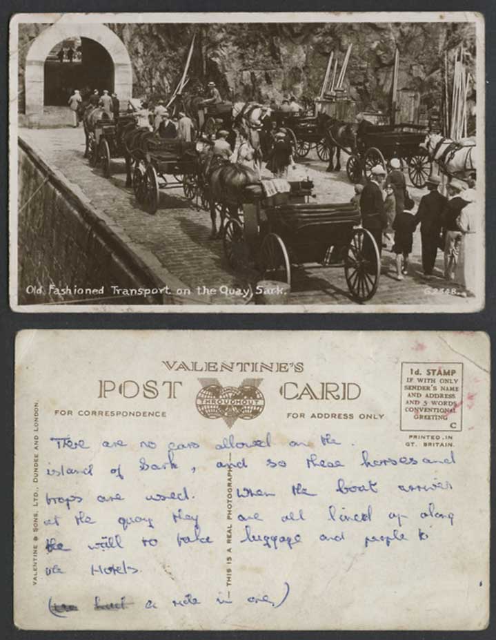 Sark Vintage Postcard Old Fashioned Transport on Quay Horse Carriages Carts Gate