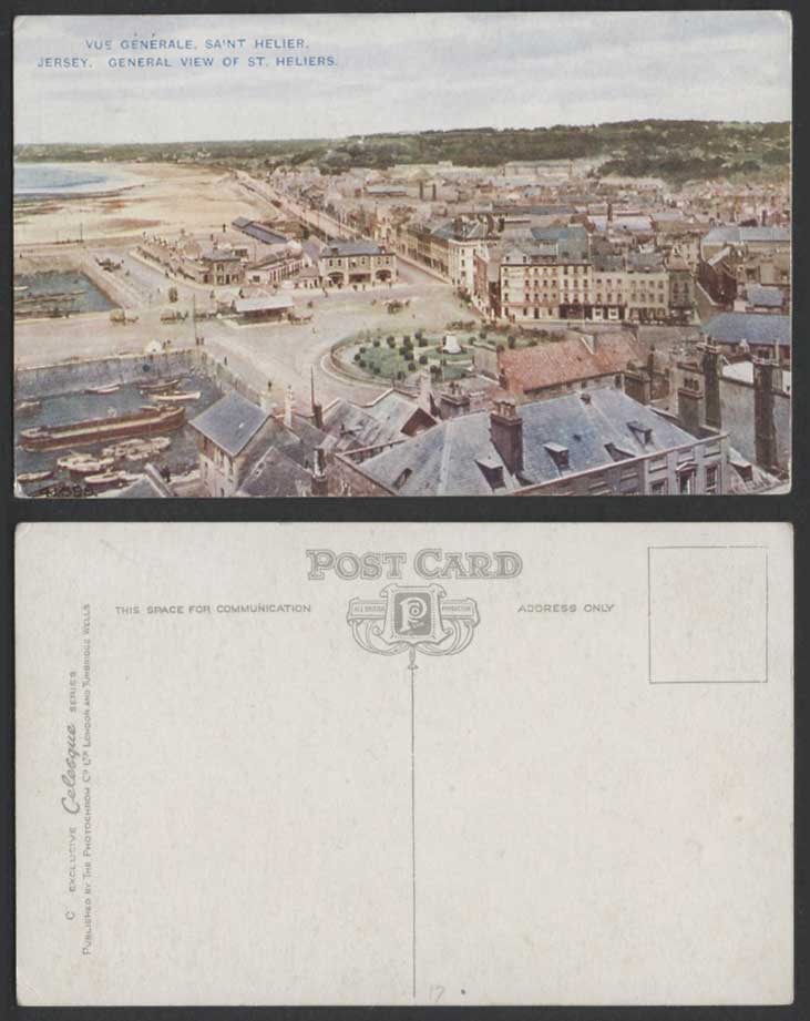 Jersey Old Colour Postcard General View of Saint St. Helier Hotels Streets Beach