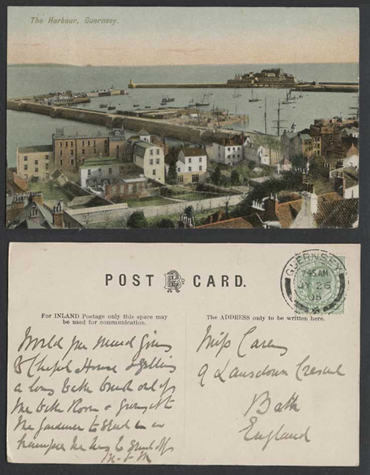 Guernsey 1905 Old Postcard The Harbour Pier Jetty Lighthouse Ship Boats Panorama