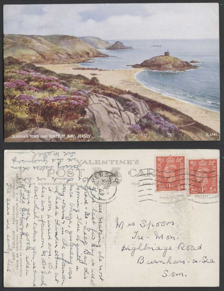 Jersey 1949 Old Postcard Janvrin's Tomb and Portelet Bay, Beach Seaside Panorama