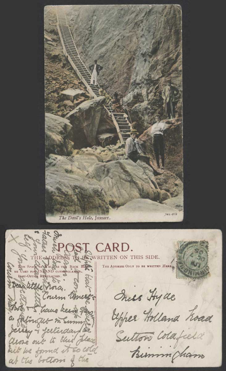 Jersey Perfin 1905 Old Hand Tinted Postcard The Devil's Hole Stairs Men & Ladies