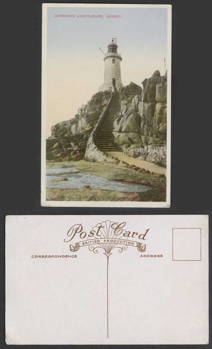 Jersey Old Colour Postcard Corbiere Lighthouse on Rock, Steps Stairs, Rocks C.I.