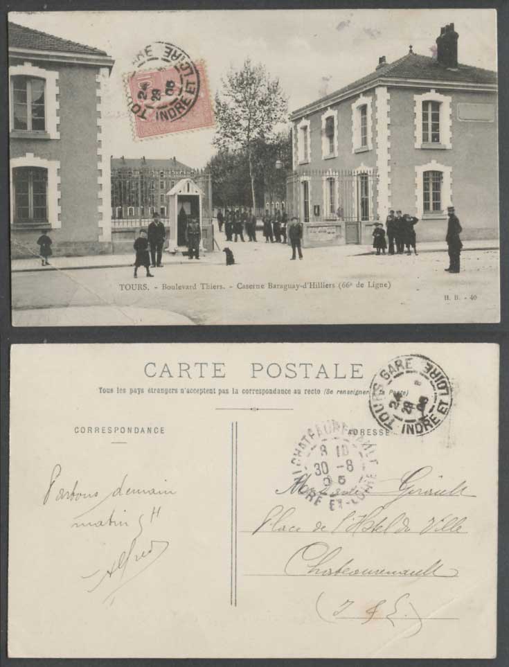 Tours 1905 Old Postcard Boulevard Thiers Caserne Baraguay-d'Hilliers 66e d Ligne