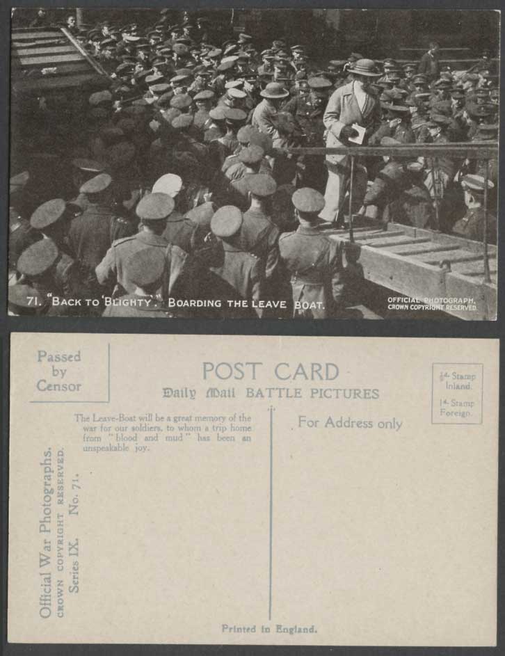 WW1 Daily Mail Old Postcard Black to Blighty Boarding Leave Boat, Soldiers Woman