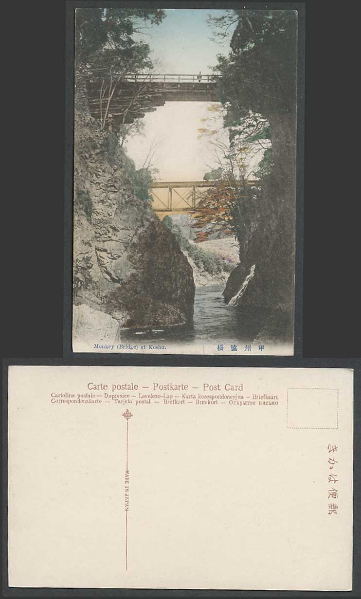 Japan Old Hand Tinted Postcard Monkey Bridge at Koshu, Bridges River Scene Gorge
