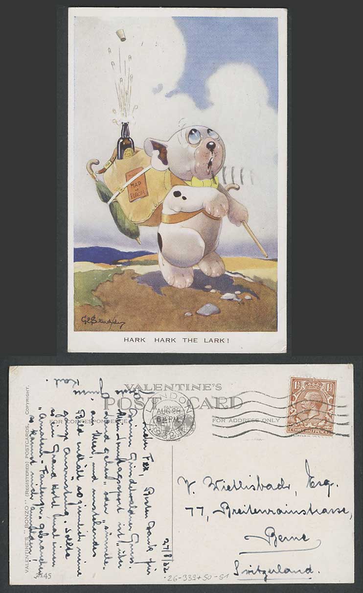 BONZO DOG GE Studdy, Berne 1932 Old Postcard Hark Hark The Lark! Europe Map 2145