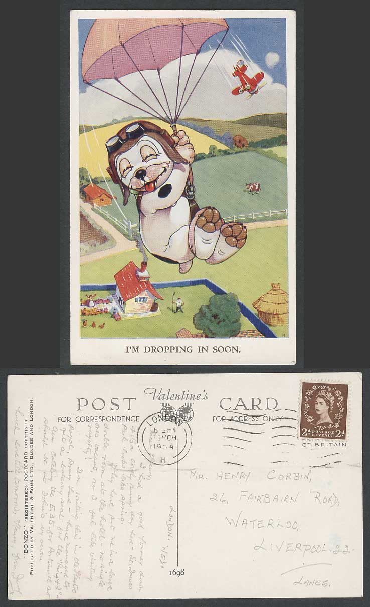 BONZO DOG GE Studdy 1954 Old Postcard I'm Dropping In Soon. Plane Parachute 1698