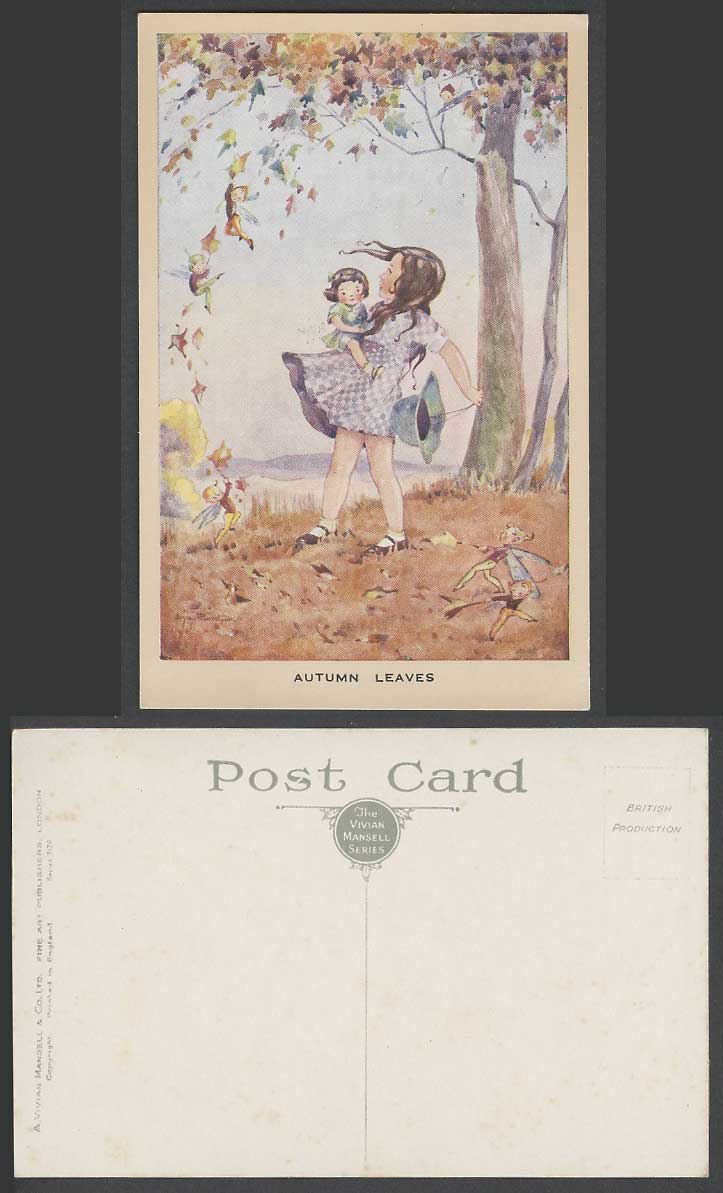 Joyce Plumstead Artist Signed Autumn Leaves Fairy Fairies and Girls Old Postcard