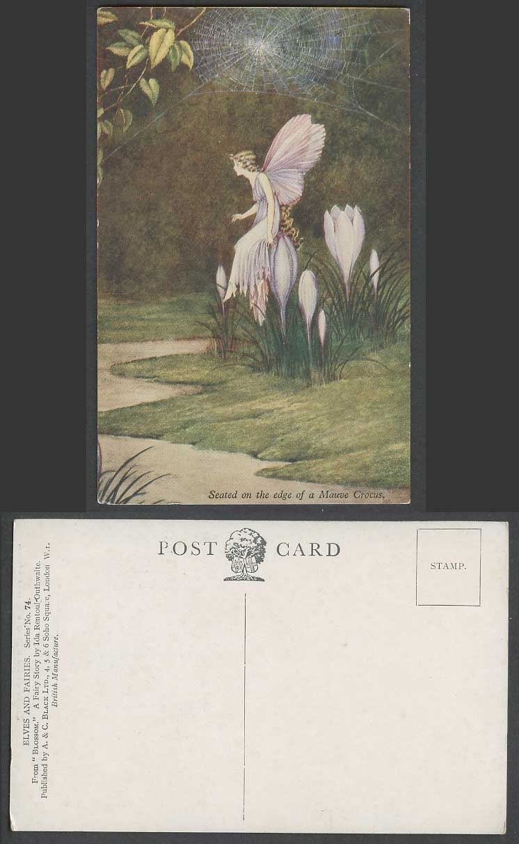 IR OUTHWAITE Old Postcard Fairy Girl Seated on Edge of Mauve Crocus Spiderweb 74
