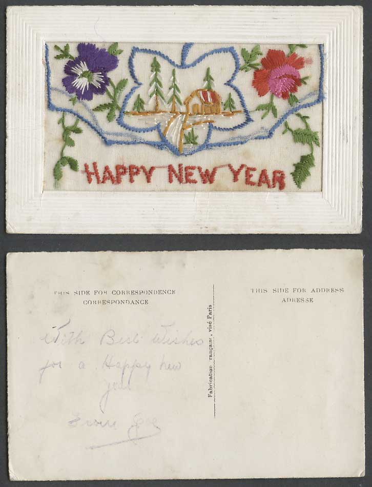 WW1 SILK Embroidered Old Postcard Happy New Year Cottage House Tree Empty Wallet