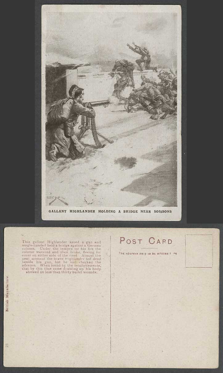 WW1 Gallant Highlander Holding a Bridge near Soissons, Soldier, Gun Old Postcard