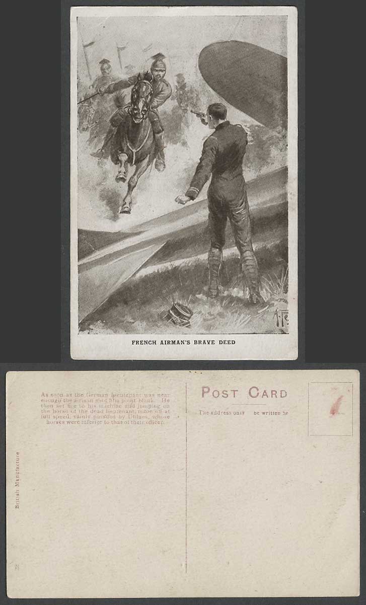 WW1 French Airman's Brave Deed German Lieutenant Horse Riders Plane Old Postcard