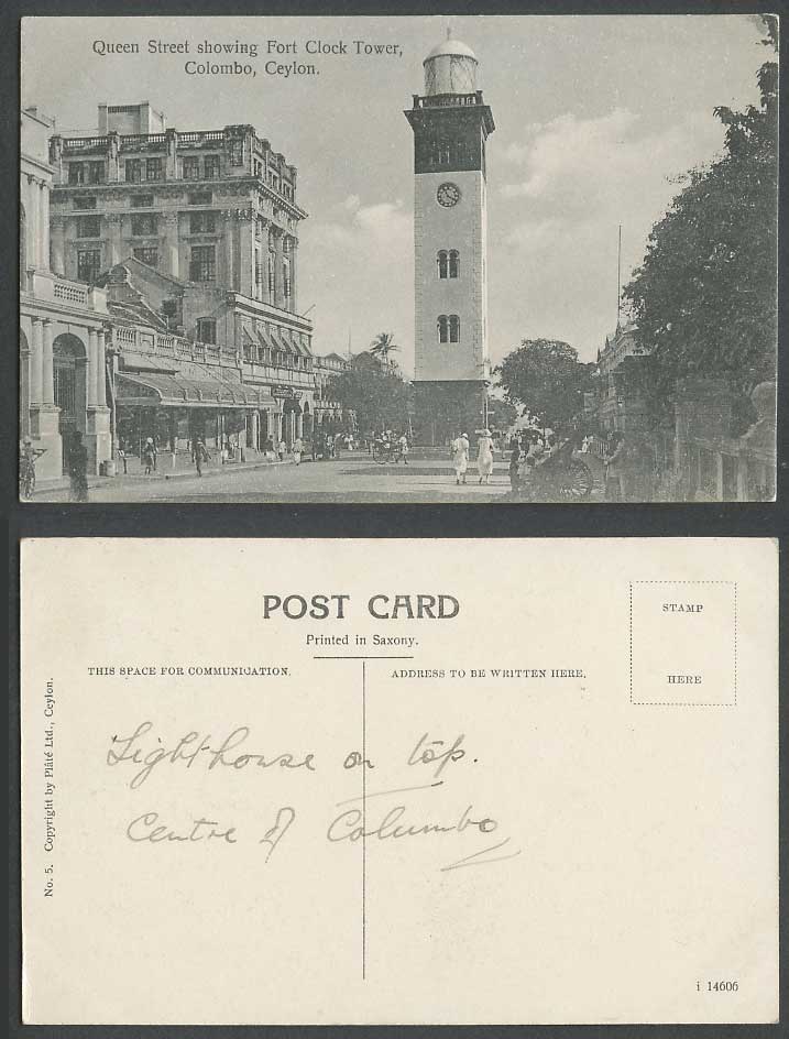 Ceylon Old Postcard Queen Street Fort Clock Tower Colombo Street View Lighthouse