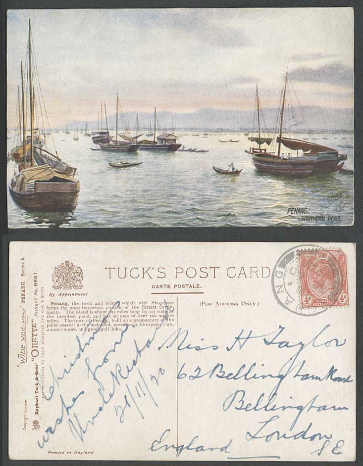 Penang KG5 4c 1920 Old Tuck's Oilette Postcard Southern Port Harbour Sampan Boat