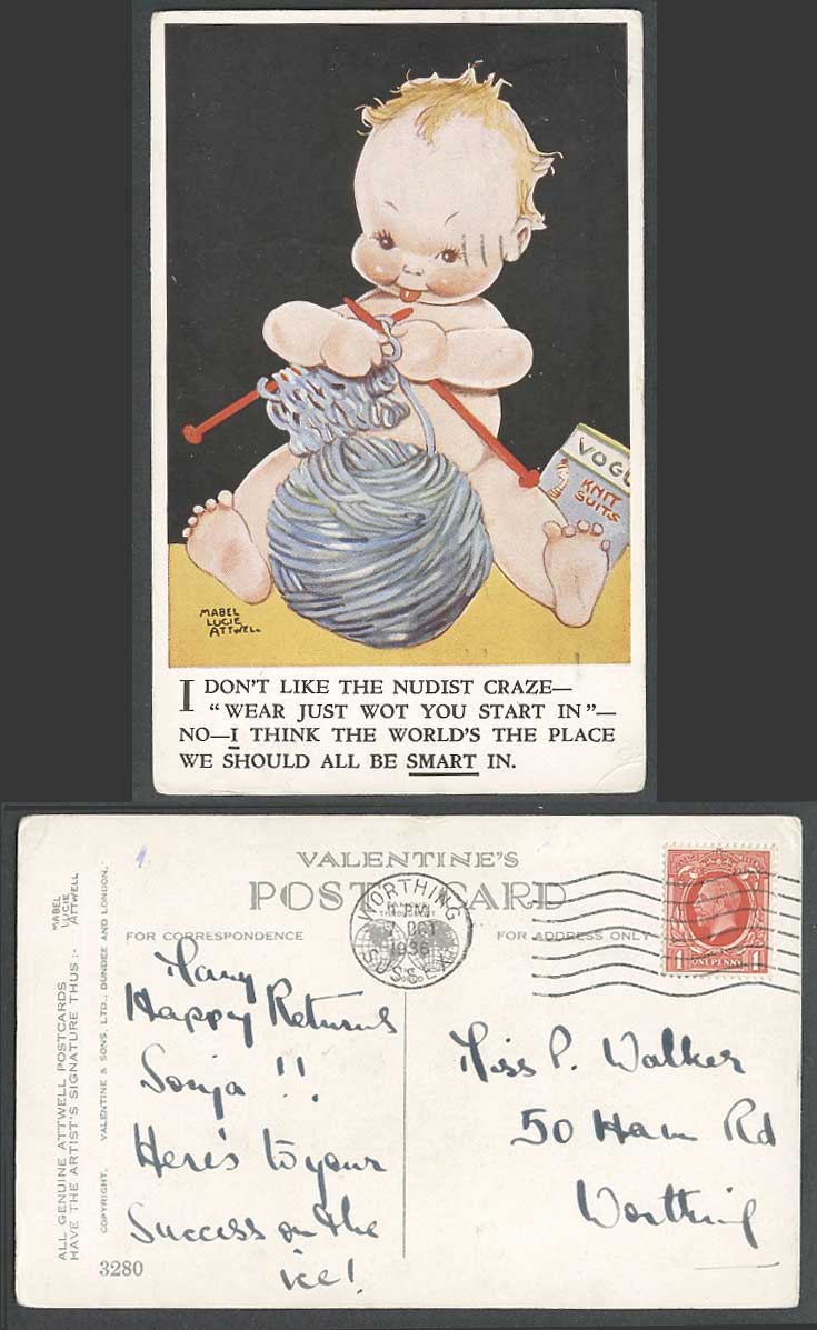 MABEL LUCIE ATTWELL 1936 Old Postcard Nudist Craze Smart in World, Knitting 3280