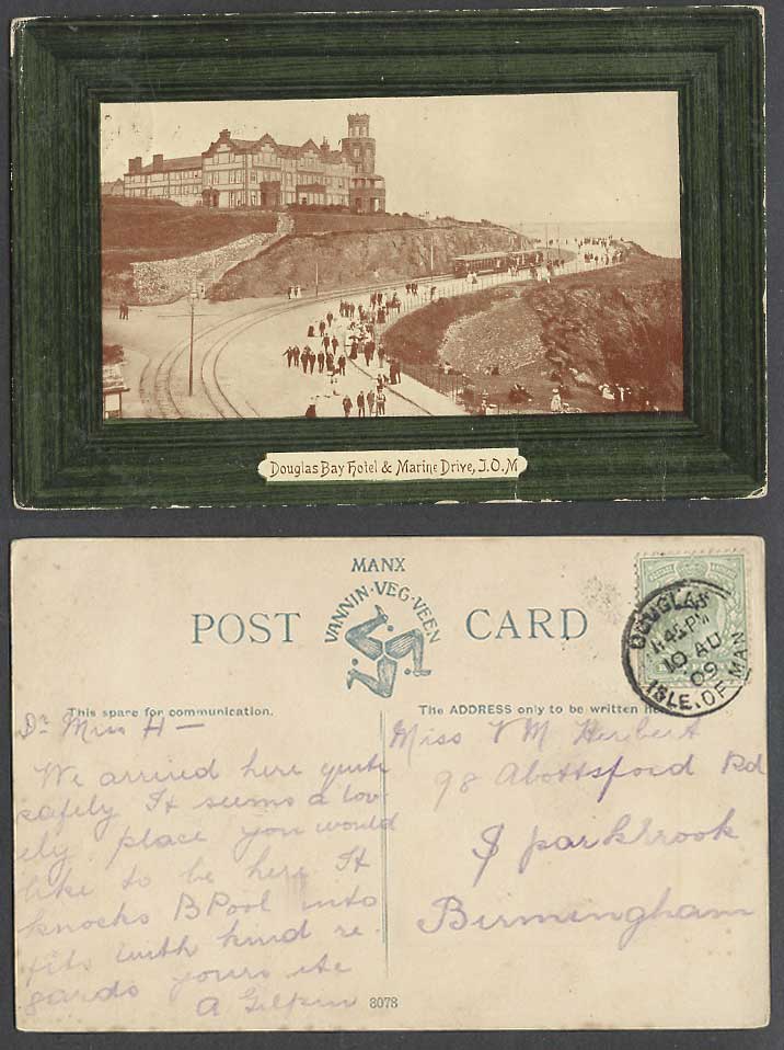 Isle of Man 1909 Old Postcard Douglas Bay Hotel & Marine Drive TRAM Street Scene