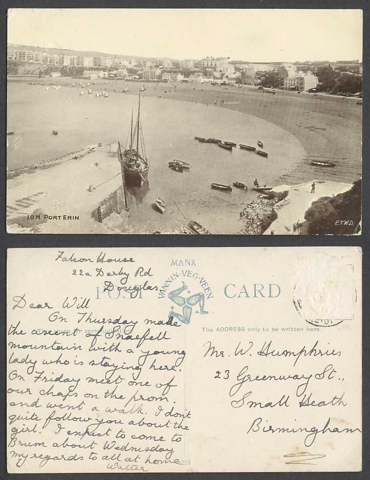 Isle of Man Old Postcard Port Erin Beach Harbour Boats Pier Jetty Panorama I.O.M