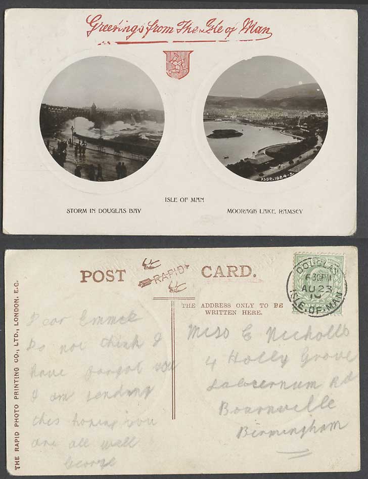 Isle of Man Greetings 1910 Old RP Postcard Storm Douglas Bay Mooragh Lake Ramsey