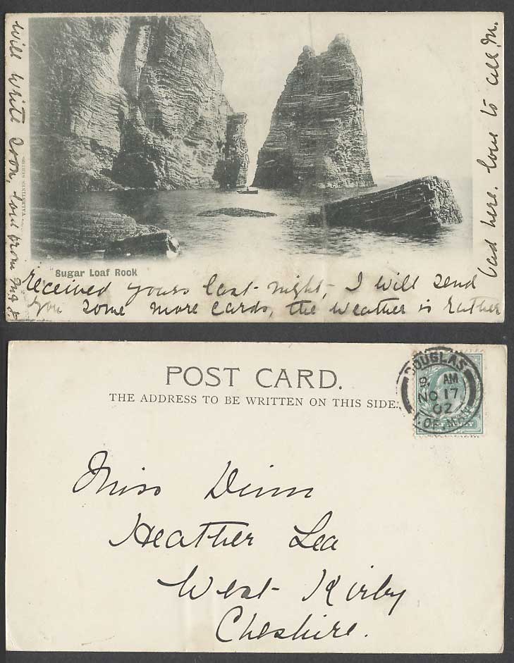 Isle of Man 1902 Old UB Postcard Sugar Loaf Rock Boat Cliffs Rocks Port St. Mary