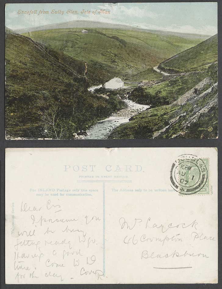 Isle of Man 1907 Old Postcard Snaefell from Sulby Glen River Valley Hill Cottage