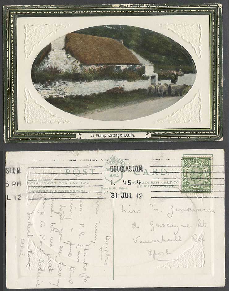 Isle of Man 1912 Old Color Postcard SHEEP A Manx Cottage Thatched House Embossed