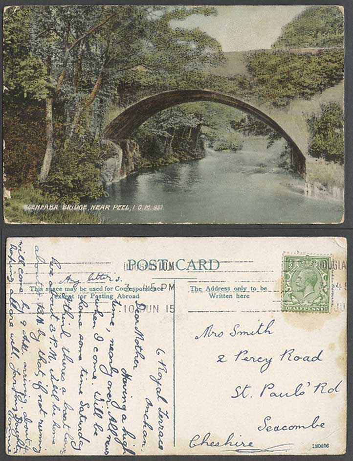 Isle of Man KG5 1/2d 1915 Old Postcard Glenfaba Bridge near Peel River Neb Scene