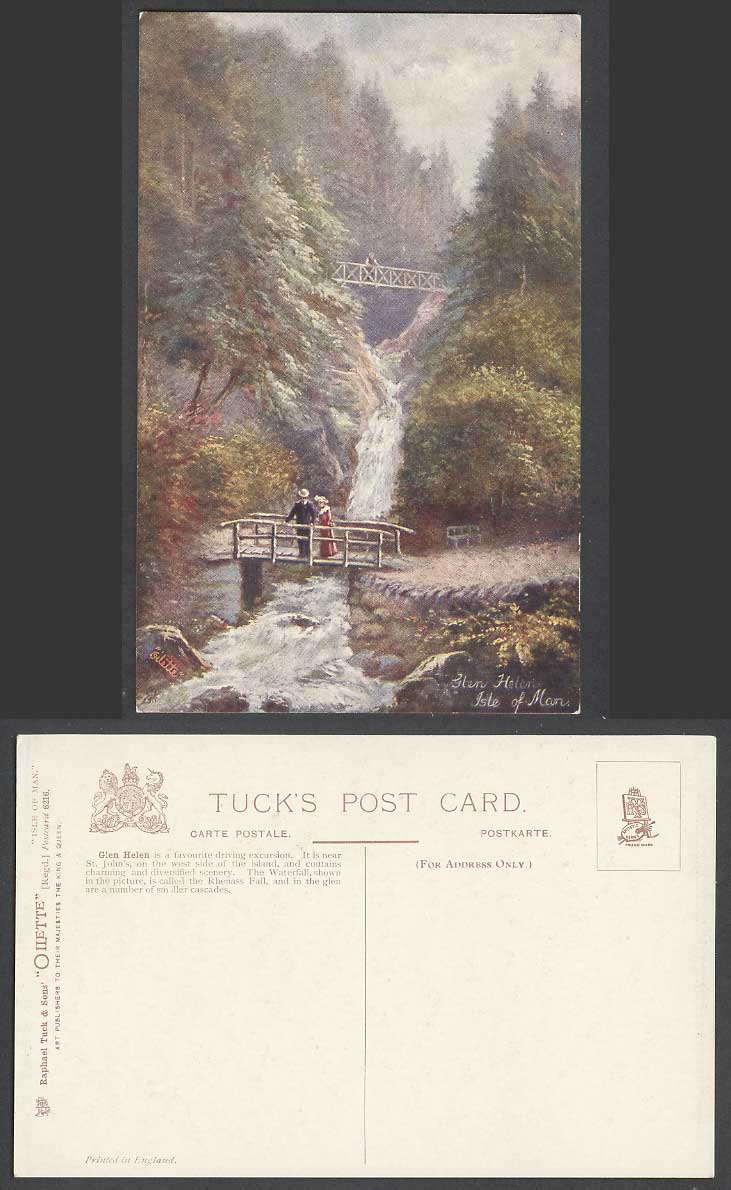 Isle of Man Old Tuck's Oilette Postcard Glen Helen Rhenass Fall Bridge Waterfall