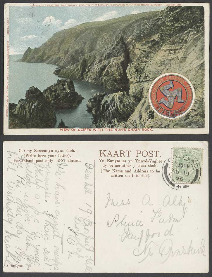 Isle of Man 1906 Old Postcard Cliffs Nun's Chair Rock Douglas S Electric Railway