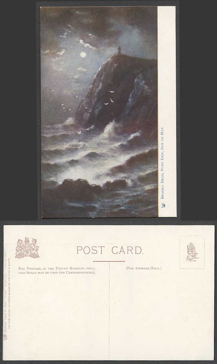 Isle of Man Old Tuck's Postcard Bradda Head, Port Erin, Moonlight Moon Rough Sea