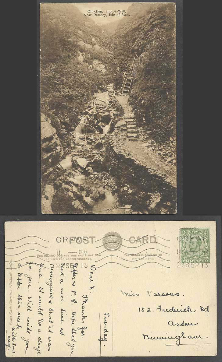 Isle of Man 1913 Old Postcard Olt Glen Tholt-e-Will near Ramsey, Cascades Stairs