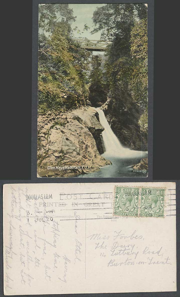 Isle of Man 1920 Old Colour Postcard Glen Maye Waterfall Bridge Water Fall Rocks