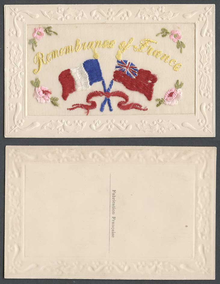 WW1 SILK Embroidered Old Postcard Remembrance of France, Flags & Flowers Novelty